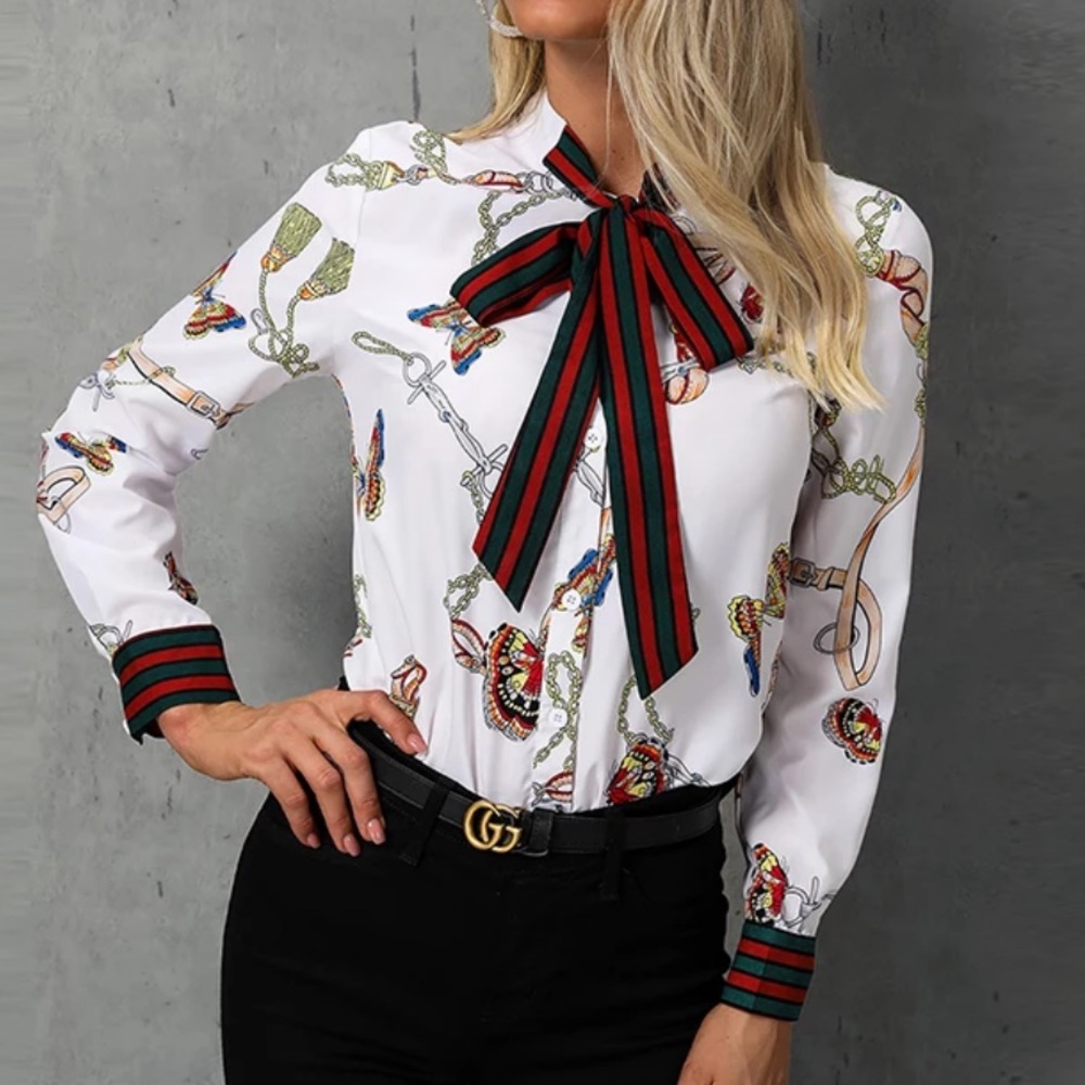 Chain Print Tied Neck Blouse